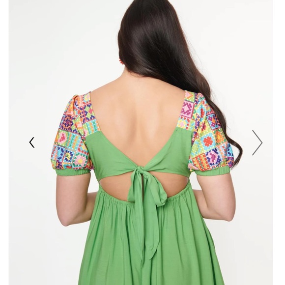 Smak Parlour for Unique Vintage NWT Lime Green & Quilt Pattern Babydoll Dress - Picture 4 of 5